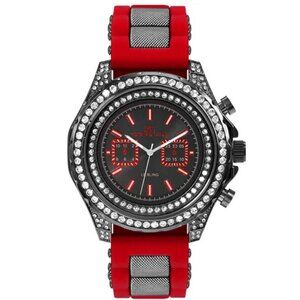 48mm Montres Carlo Men Fashion Stones Bezel Sport Red Silicone Band Dress Watch
